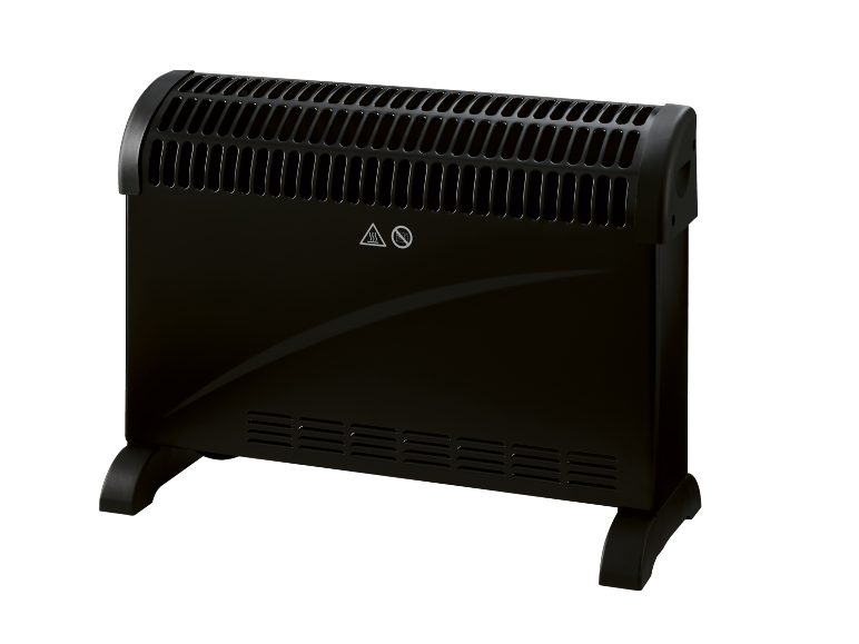 Aquecedor elétrico preto com grelha superior e símbolos de aviso.