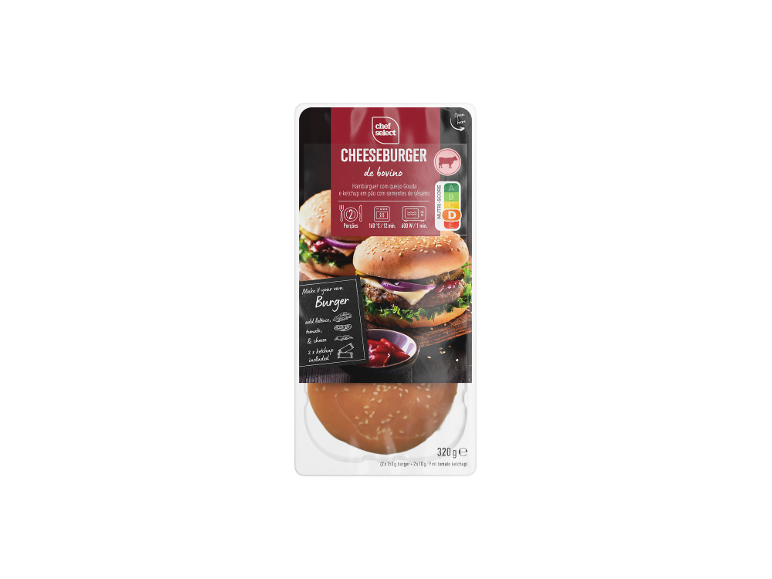 Embalagem de cheeseburger de carne de vaca com queijo Gouda e ketchup, para preparar.