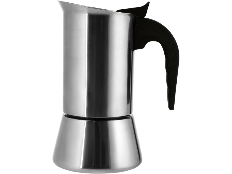 Cafeteira de aço inoxidável com pega preta.