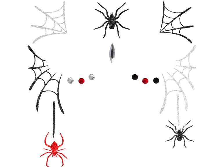 Decoração de Halloween com aranhas e teias de aranha brilhantes em preto, branco e vermelho.