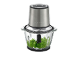 Picador elétrico com taça de vidro cheia de salsa fresca.