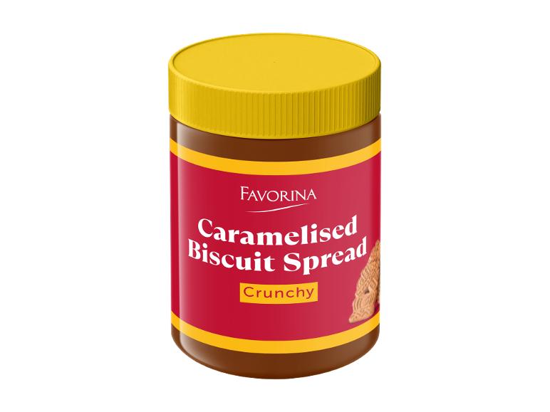 Creme de biscoito caramelizado castanho com tampa amarela e rótulo vermelho