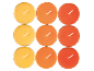 Nove velas tealight em tons de amarelo, laranja e vermelho.