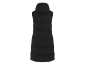 Colete comprido acolchoado preto de mulher com capuz, vista traseira.