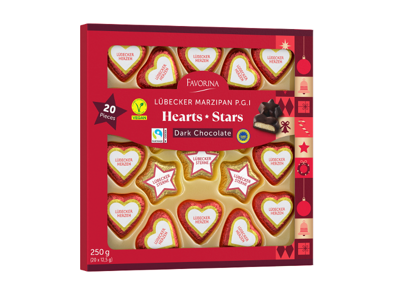 Caixa de chocolates de maçapão em forma de corações e estrelas, com o texto “Hearts Stars”.