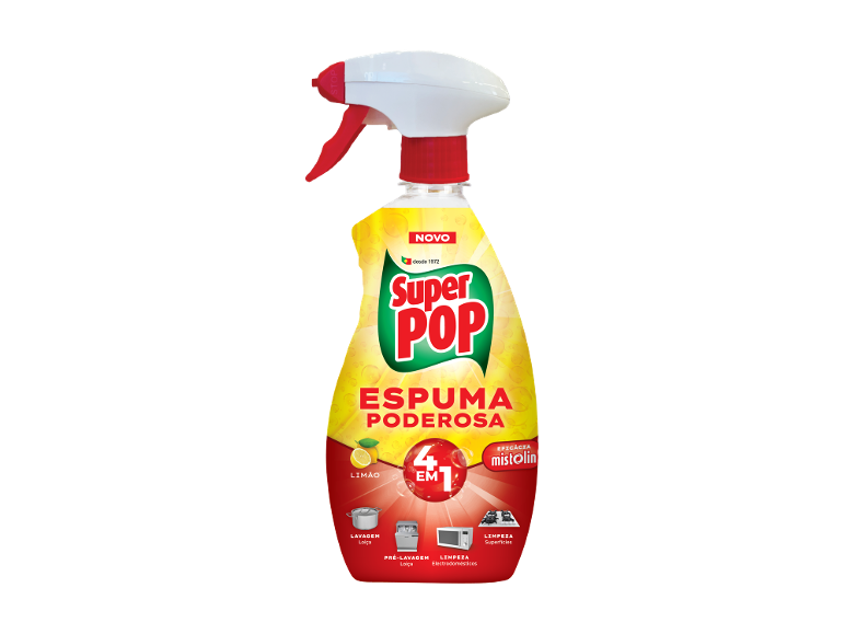 Spray de limpeza multiusos com aroma a limão e fórmula de espuma poderosa.