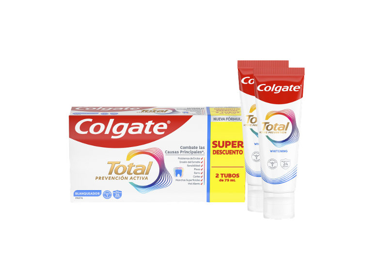 Embalagem de pasta de dentes e duas bisnagas de pasta de dentes com a inscrição 'Super Descuento'.