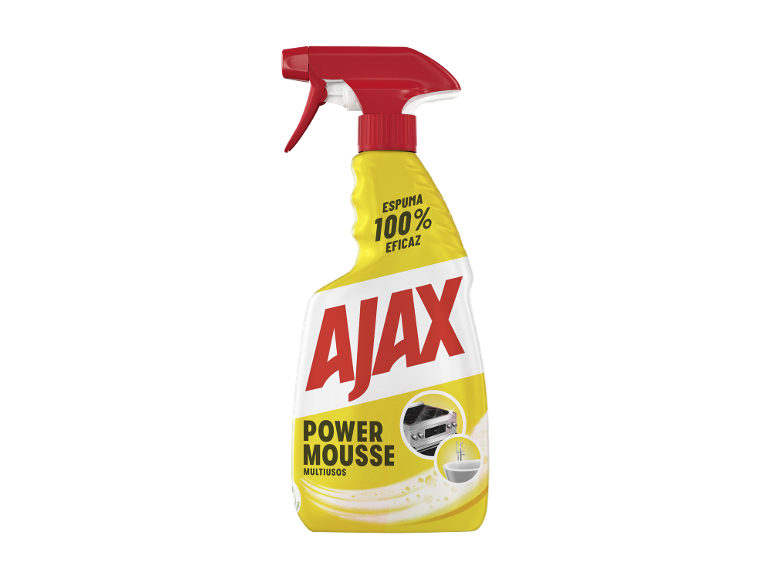 Spray de limpeza com garrafa amarela e bico vermelho, indicando 'espuma 100% eficaz'.