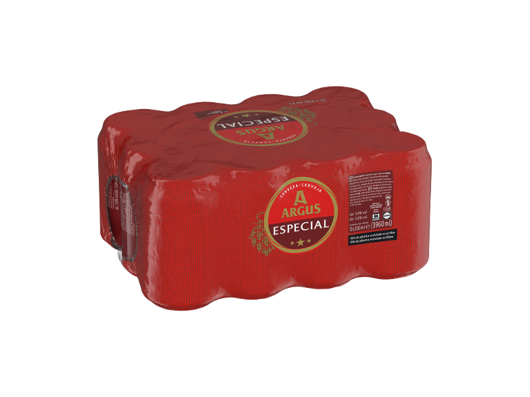 Embalagem de 12 latas de cerveja especial, 330 ml cada, com 5,6% de álcool, em filme vermelho.