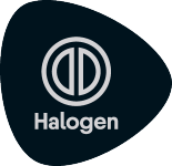 Selo ou etiqueta Halogen com um símbolo circular estilizado.