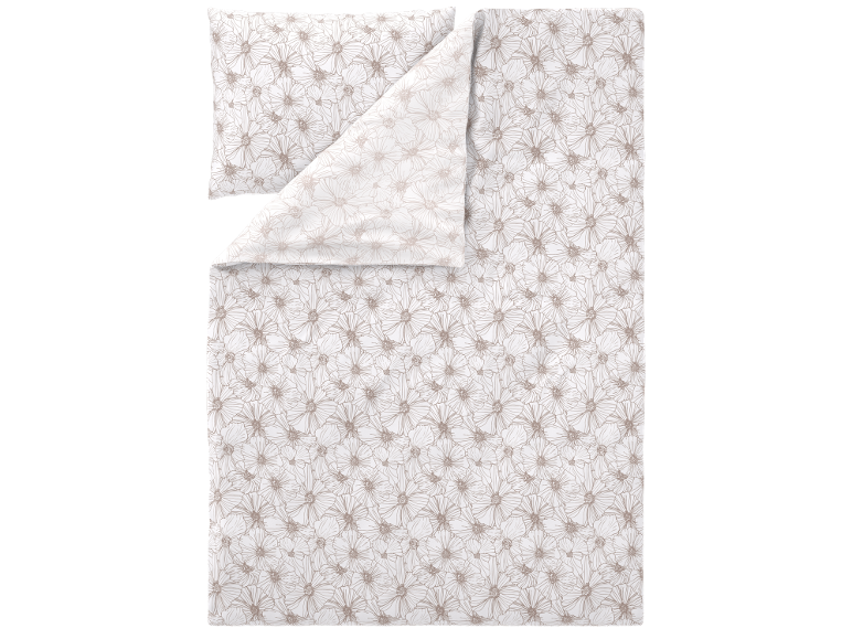 Conjunto de roupa de cama com fronha e capa de edredão com padrão floral bege.