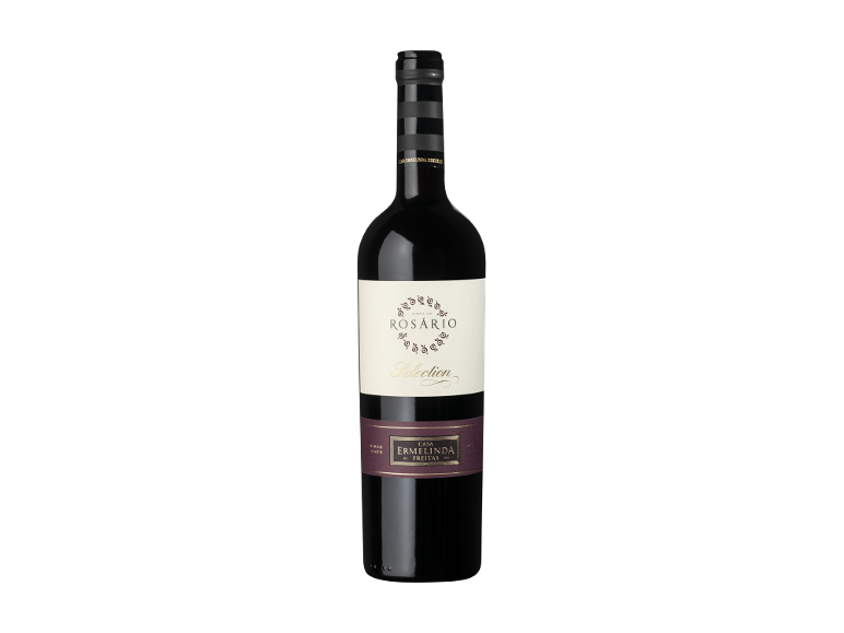 Garrafa de vinho tinto com rótulo branco e roxo, com padrão decorativo e texto.