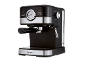 Máquina de café expresso preta com detalhes prateados, medidor de temperatura e botões.