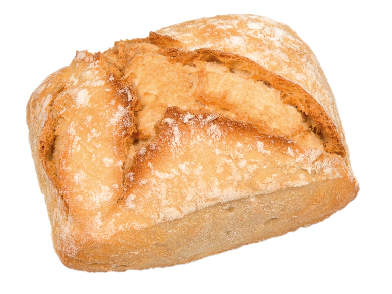 Um pãozinho retangular e crocante, levemente polvilhado com farinha, sobre um fundo branco.