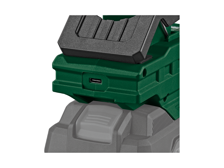 Adaptador USB verde com porta Tipo-C, montado numa bateria cinzenta.