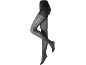 Collants pretos de mulher com padrão de malha fina, apresentados num manequim.