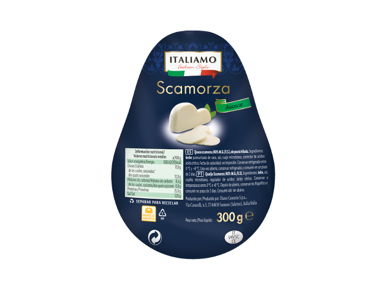 Embalagem de queijo scamorza branco com informações nutricionais e instruções de reciclagem.