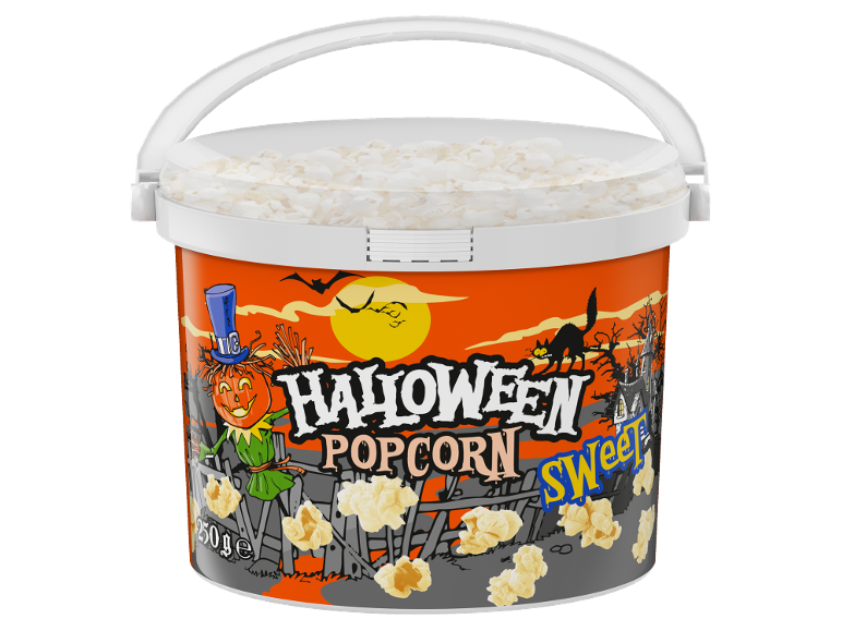 Balde de pipocas doces com tema de Halloween.
