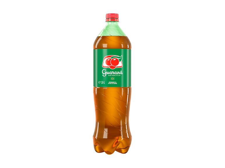 Garrafa de refrigerante de guaraná de 1,5 litros com rótulo verde e tampa vermelha.