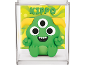 Figura de monstro verde de três olhos com chifres amarelos, sorrindo, numa caixa transparente.