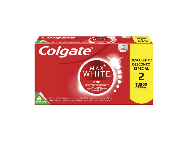 Embalagem de pasta de dentes branqueadora, 2 tubos de 75 ml, com a inscrição “Desconto Especial”.