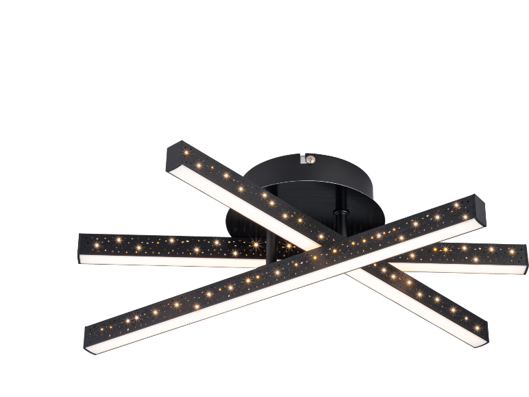 Candeeiro de teto LED preto com quatro barras cruzadas e efeito estrela.