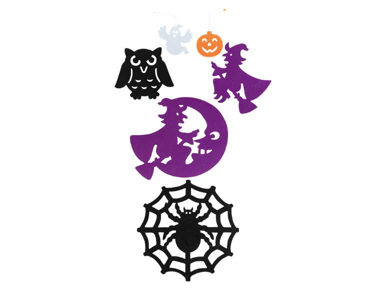 Decorações de Halloween em feltro: coruja, fantasma, abóbora, bruxa e teia de aranha.