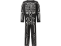 Fato de esqueleto preto com estampa de ossos brancos, vista de corpo inteiro.