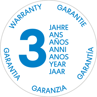 Selo de garantia de 3 anos em vários idiomas.
