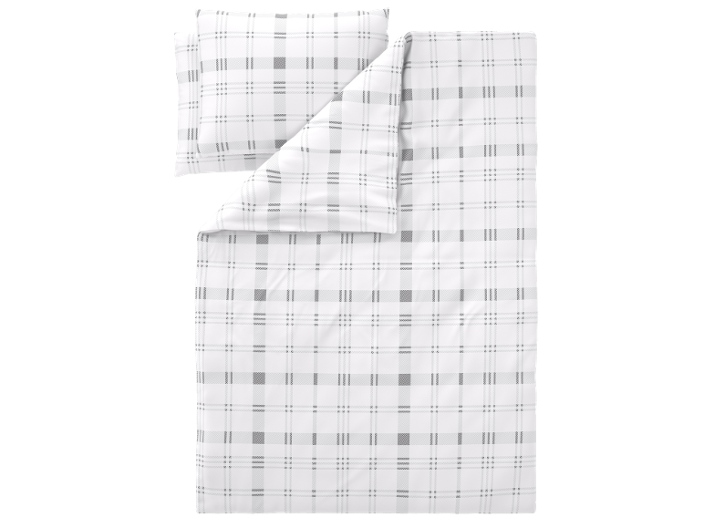 Roupa de cama com padrão xadrez em branco e cinzento.