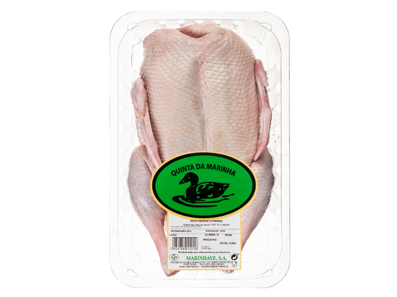Pato fresco embalado, com etiqueta que indica instruções de cozedura e informações do produto.