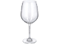Uma taça de vinho vazia e transparente com um bojo largo e uma haste fina.