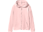 Casaco de moletom rosa com capuz e zíper de fleece.