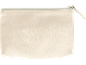 Bolsa de cosméticos bege com textura de couro e fecho de correr.
