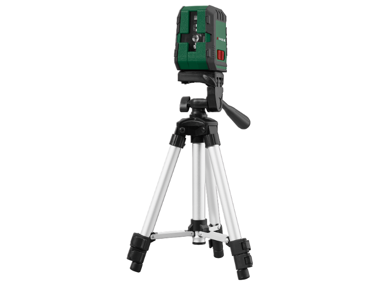 Nível a laser em tripé com detalhes verdes.