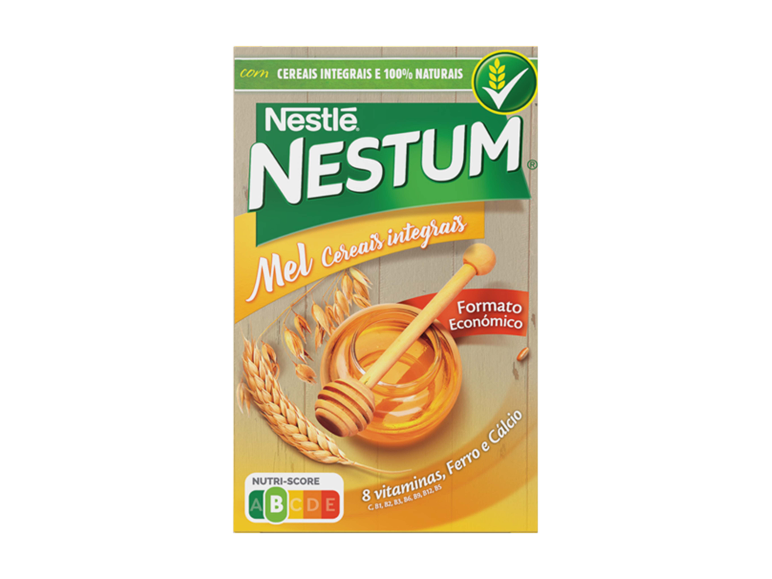 Caixa de cereais com mel, cereais integrais e pontuação nutricional.