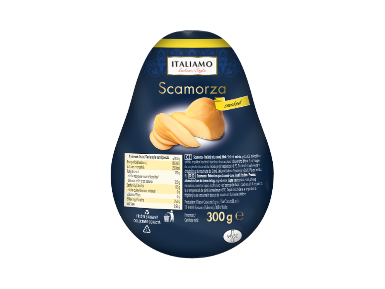 Queijo Scamorza fumado, embalagem de 300 g com valores nutricionais e informações do produto.