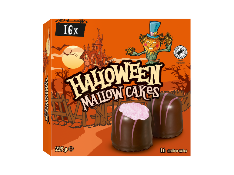Halloween Schaumküsse, 16 bolos de marshmallow cobertos de chocolate com recheio rosa, 225g.