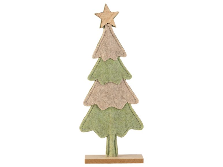 Árvore de Natal decorativa de feltro com uma estrela de madeira no topo.