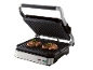 Grelhador elétrico aberto com dois bifes de vaca grelhados, com luzes indicadoras vermelha e verde.