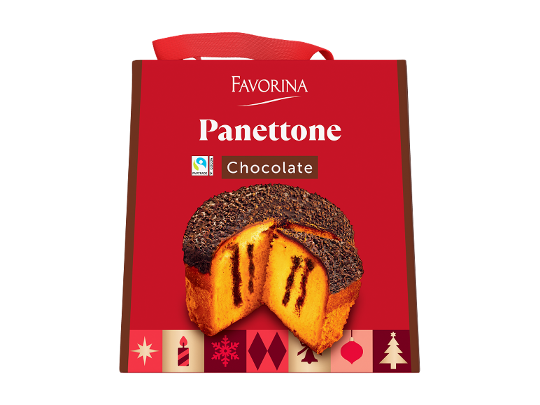 Panettone de chocolate em embalagem de presente vermelha com motivos natalícios.