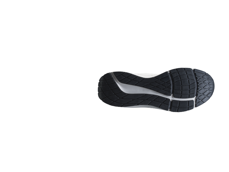 Sola de sapatilha desportiva com padrão de tração preto e detalhes brancos.