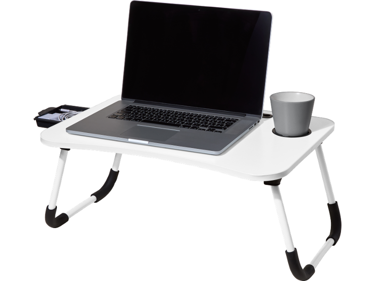 Mesa dobrável branca para portátil com computador e caneca.
