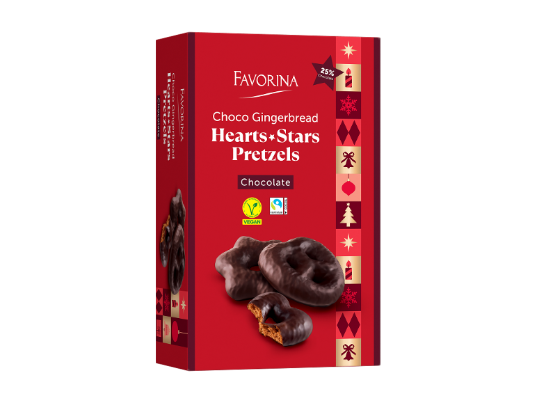 Pretzels de chocolate e gengibre em forma de corações e estrelas, 25% chocolate, vegan.
