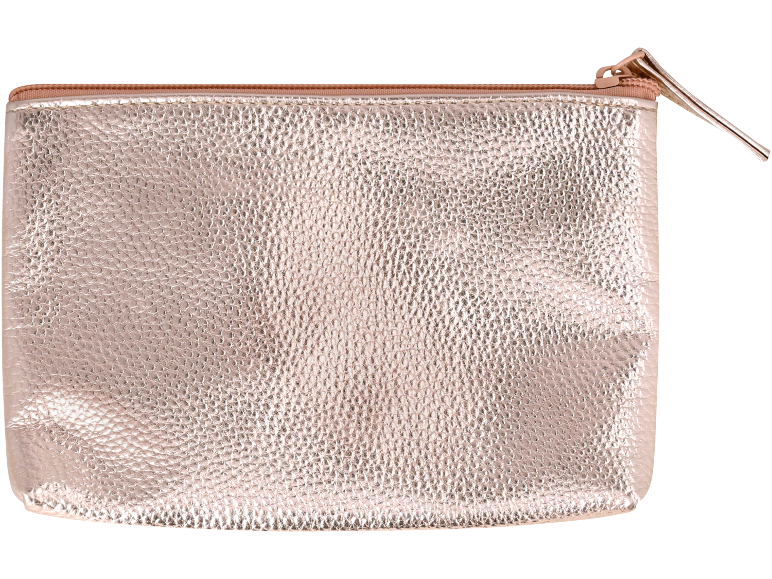 Bolsa de cosméticos em couro ouro rosa com fecho.