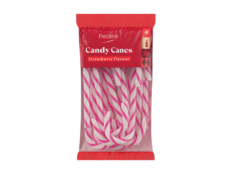 Embalagem vermelha de bengalas doces sabor morango com riscas brancas e rosa.