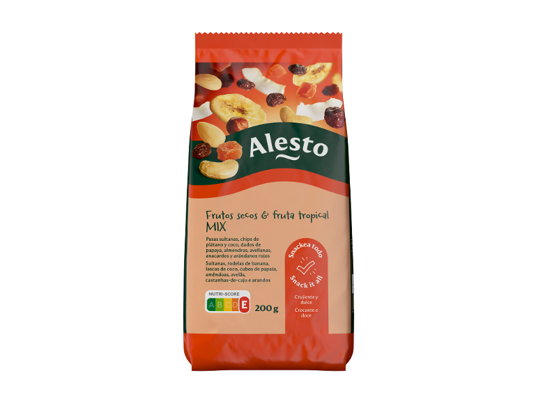 Embalagem de mistura de frutos secos e tropicais, com Nutri-Score E, 200g, crocante e doce.