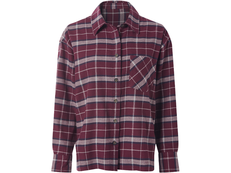 Camisa xadrez bordô de manga comprida com bolso no peito.