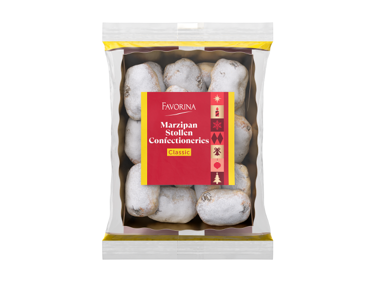 Confeções de Stollen de maçapão clássicas embaladas, com tema natalício.