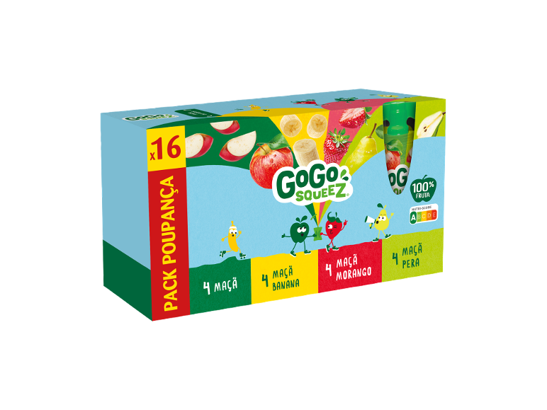 Embalagem de 16 purés de fruta com sabor a maçã, banana, morango e pera.
